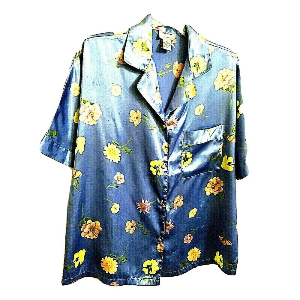 Preview Floral Women Button Up PJ Top Shirt Short Sleeve Size XS? or M Chest 46"
